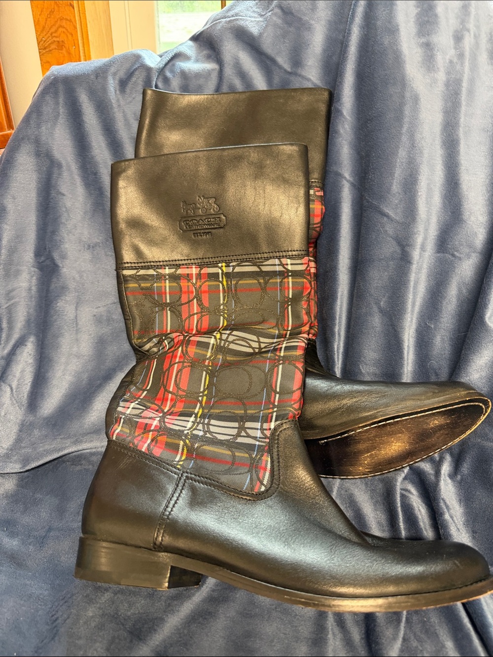 Coach Black Leather Boots with Red Plaid Panels